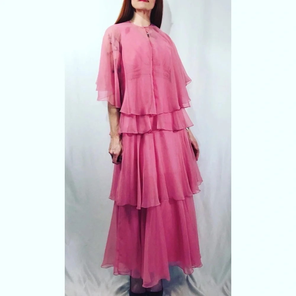 Sold—Vintage Pink Chiffon Empire Waist Maxi Dress with Matching Chiffon Cape - Picture 4 of 17